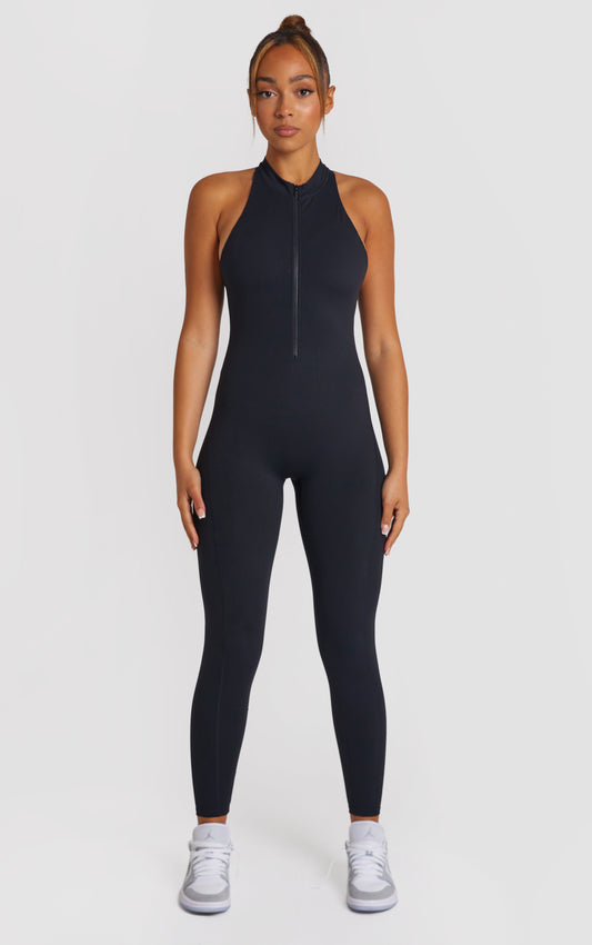 Zip Up Racer Back Scrunch Jumpsuit - Black