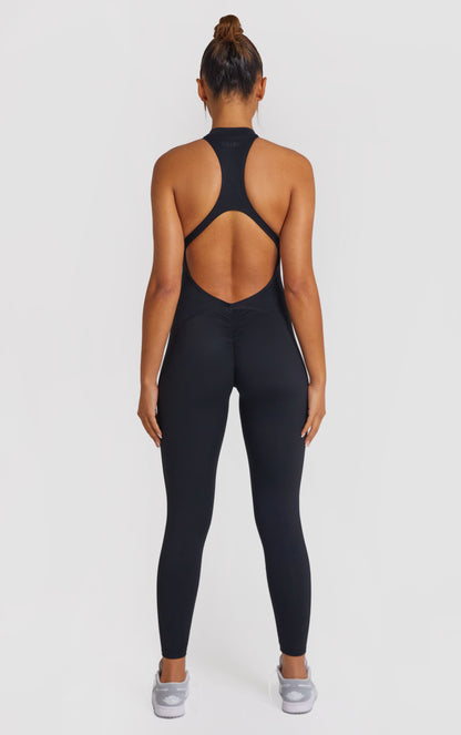 Zip Up Racer Back Scrunch Jumpsuit - Black