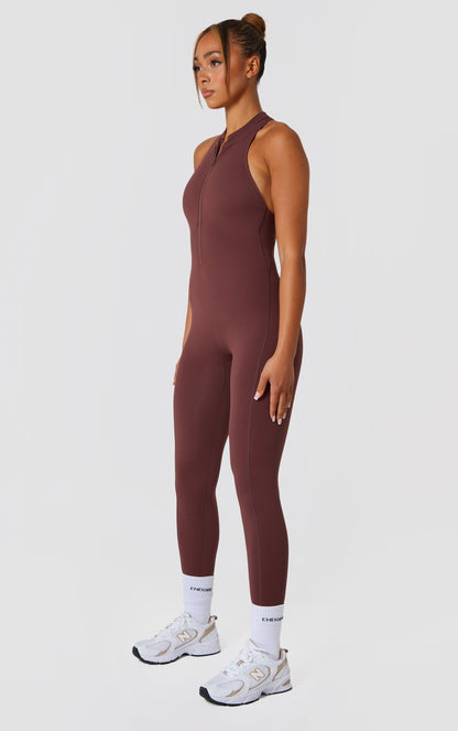 Zip Up Racer Back Scrunch Jumpsuit - Brown