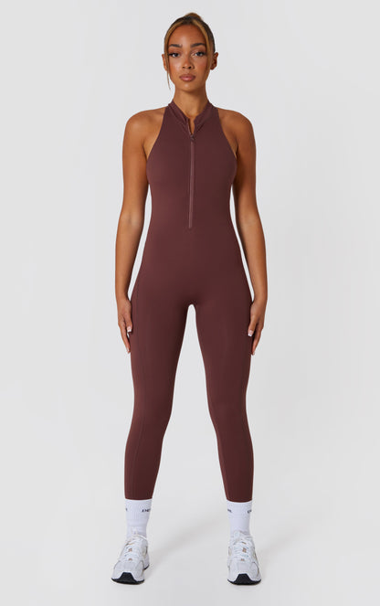 Zip Up Racer Back Scrunch Jumpsuit - Brown
