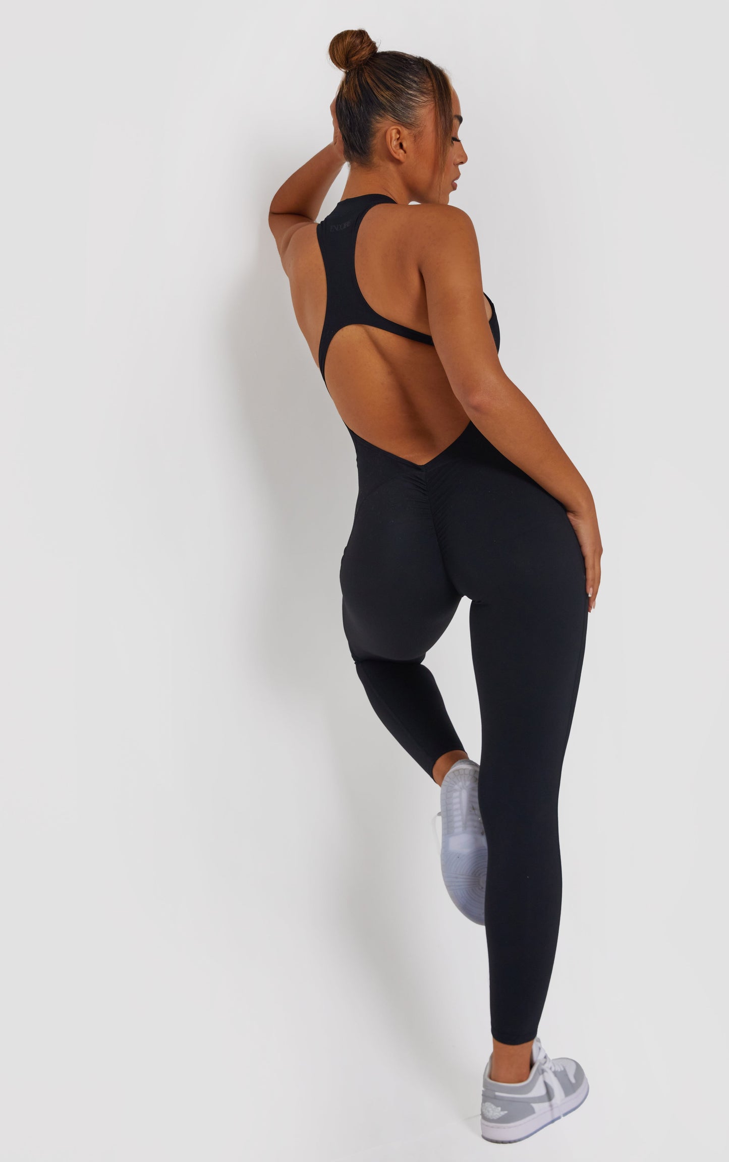 Zip Up Racer Back Scrunch Jumpsuit - Black