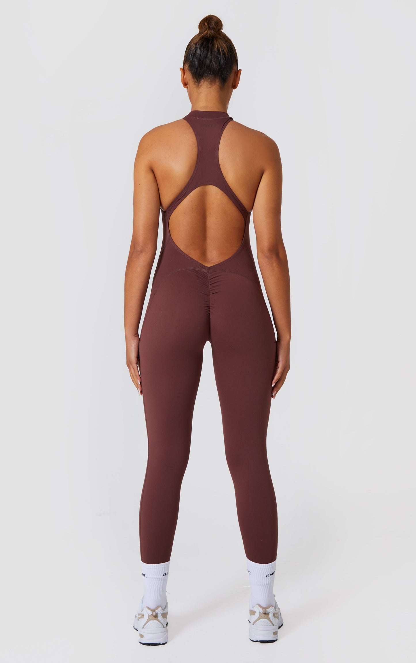 Zip Up Racer Back Scrunch Jumpsuit - Brown
