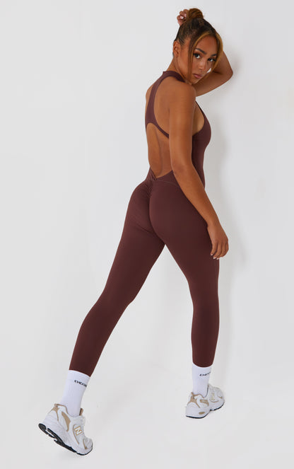 Zip Up Racer Back Scrunch Jumpsuit - Brown